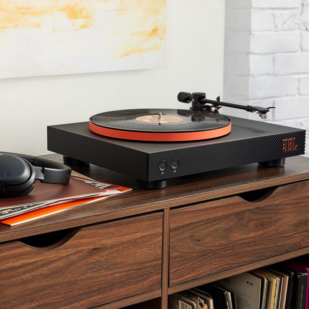 JBL Spinner BT Semi-Automatic Belt-Drive Turntable with Bluetooth 5.3 and Installed Audio Technica Cartridge (Black & Orange)